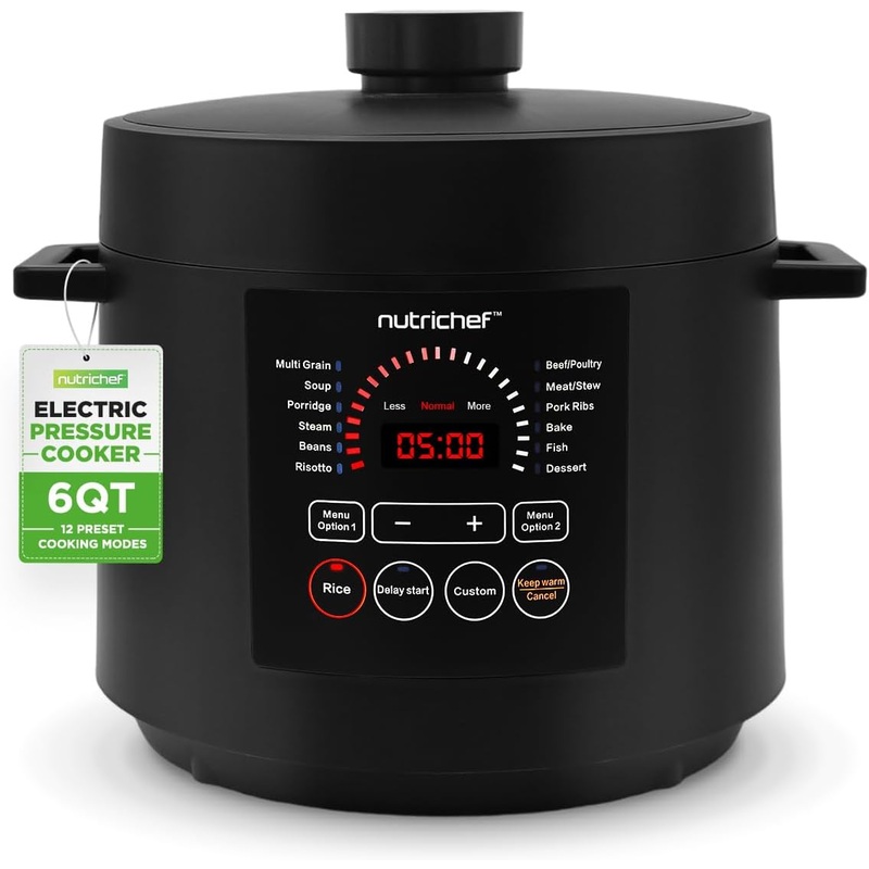 NutriChef Electric Pressure Cooker 6 Quart Capacity | 9 Function Digital Countertop Pressure Cooker | Adjustable Time & Temperature | Cook, Bake, Steam, & Braise | 13.1 x 11.4 IN | Black | Bigbigmart.com