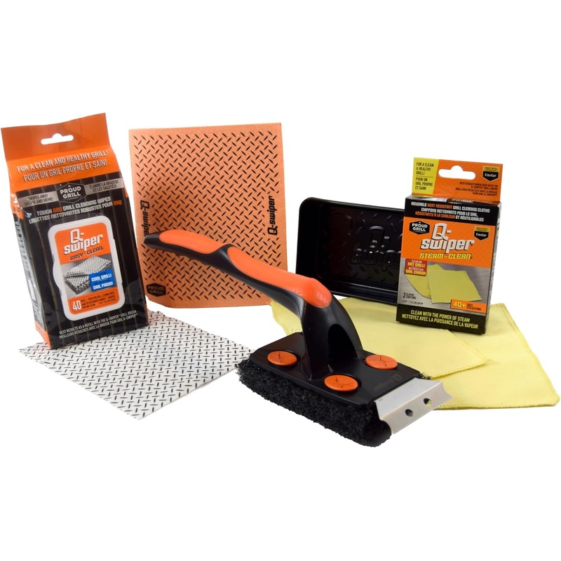 Q-Swiper XL Complete Grill Cleaner Kit – Hot + Cold + Exterior Grill Cleaning. Includes 1 Long Grill Brush, 2 Steam Clean Cloths, 40 Moist Grill Wipes, 1 Exterior Reusable Cloth and 1 Tray. | Bigbigmart.com