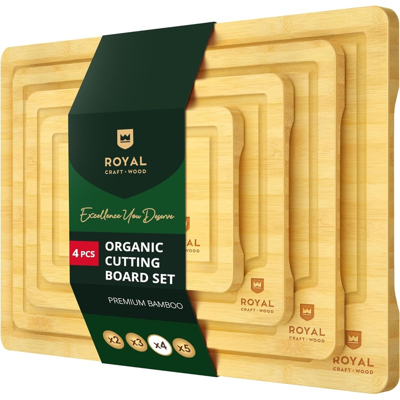 ROYAL CRAFT WOOD Wooden Cutting Boards for Kitchen Meal Prep & Cutting – Bamboo Wood Cutting Board Set with Deep Juice Groove Side Handles – Charcuterie & Chopping Butcher Block for Meat (4 Pcs) | Bigbigmart.com