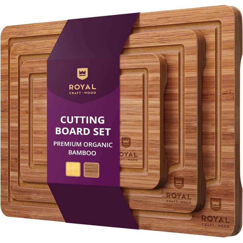 ROYAL CRAFT WOOD Wooden Cutting Boards for Kitchen Meal Prep & Serving – Bamboo Wood Serving Board Set with Deep Juice Groove Side Handles – Charcuterie & Chopping Butcher Block for Meat (3 Pcs) | Bigbigmart.com