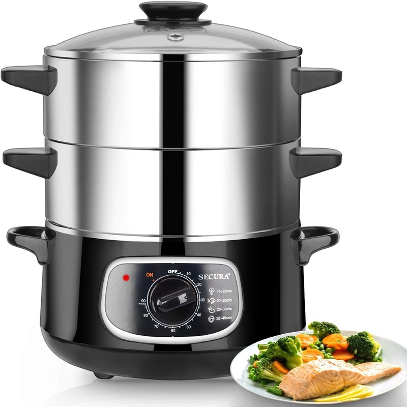 Secura 2 Stainless Steel Food Steamer 8.5 Qt Electric Glass Lid Vegetable Steamer Double Tiered Stackable Baskets with Timer | Bigbigmart.com