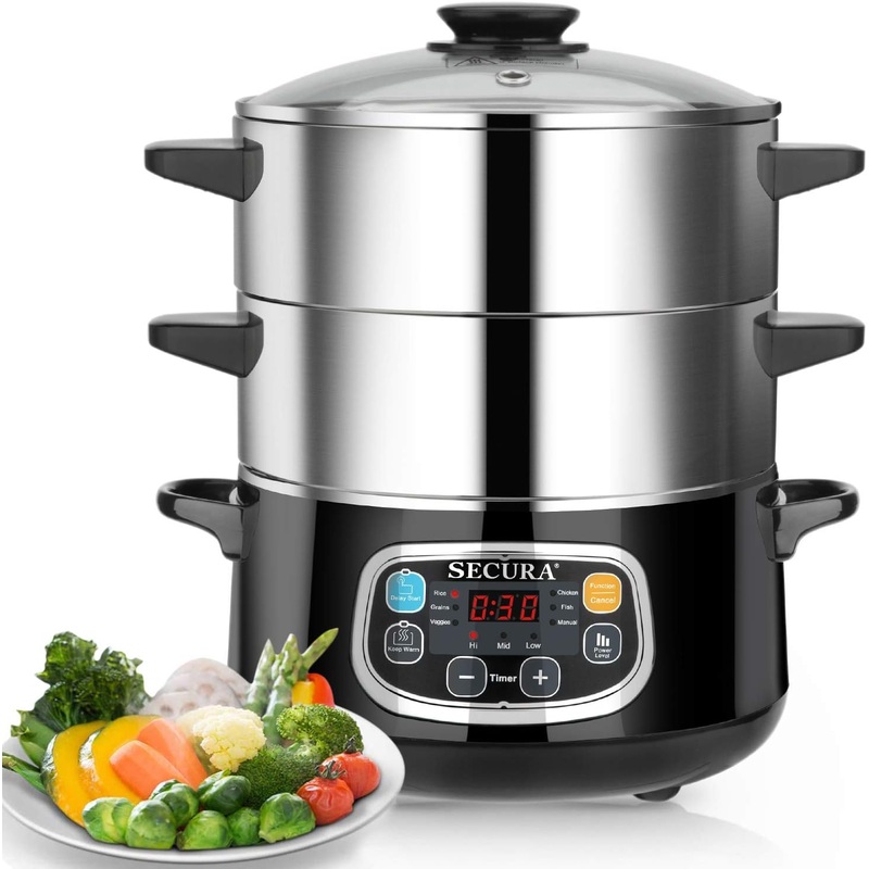 Secura Electric Food Steamer, Vegetable Double Tiered Stackable Baskets with Timer 1200W Fast Heating Stainless Steel Digital Steamer 8.5 Quart | Bigbigmart.com