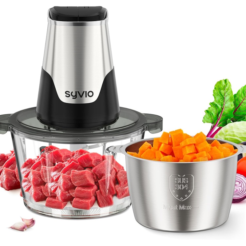 Syvio Food Processors with 2 Bowls, Meat Grinder 4 Bi-Level Blades, Mini Electric Food Chopper 450W, for Baby Food, Meat, Onion, Vegetables, 2 Speed, 8 Cup and 8 Cup | Bigbigmart.com