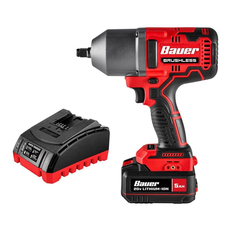 BAUER 2085CR-B1 20V Brushless Cordless, 1/2 in. High-Torque Impact Wrench Kit with 5 Ah Battery and Charger | Bigbigmart.com