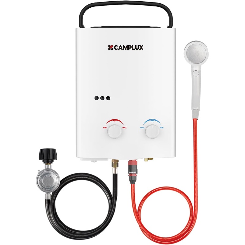 CAMPLUX Tankless Water Heater Outdoor, 1.32 GPM Portable Propane Camping Water Heater, 5L, AY132, White | Bigbigmart.com