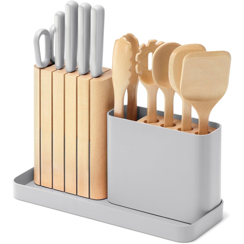 Caraway 14-Piece Kitchen Prep Set – Kitchen Knife Set & Wooden Utensil Set – Made With Premium German Steel Blades & FSC-Certified Birch Wood – Non-Toxic Materials – Includes Organizer – Grey | Bigbigmart.com