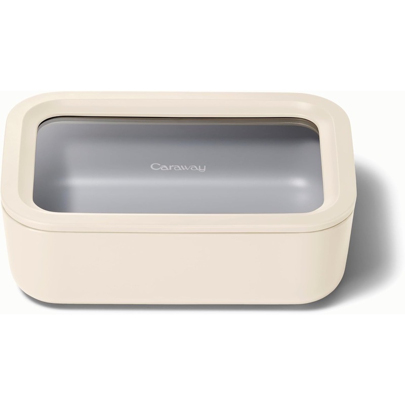 Caraway Glass Food Storage, 6.6 Cup Glass Container,Ceramic Coated Food Container,Easy to Store, Non Toxic, Non Stick Lunch Box Container with Glass Lids. Dishwasher, Oven,Square Shape,Cream | Bigbigmart.com