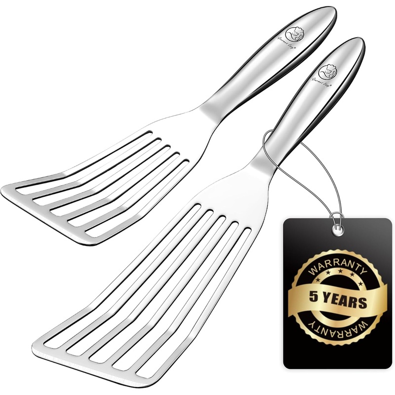 Fish Spatula Stainless Steel Combo, 1 Large Fish Turner Spatula + 1 Small Griddle Spatula, Metal Spatula for Kitchen Use, Slotted Spatulas, Frying Spatula with Thin Edge Ideal for Turning & Flipping | Bigbigmart.com