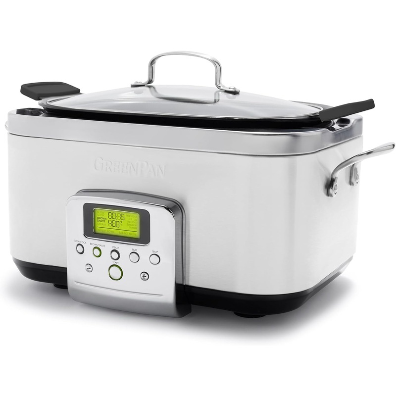 GreenPan Elite 8 – in -1 Programmable 6QT Electric Slow Cooker, Dishwasher Safe Lid & Removable Crock, PFAS-Free Healthy Ceramic Nonstick Multi-Cooker, Sear, Saut/Brown, Steam Basket, Roast, White | Bigbigmart.com
