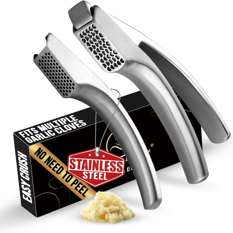 No Peeling Required Garlic Press Stainless Steel with Two Detachable Handles for Coarse & Fine Mincing – Premium Garlic Mincer Tool, Easy to Clean, Dishwasher Safe Garlic Crusher with 5-Year Warranty | Bigbigmart.com