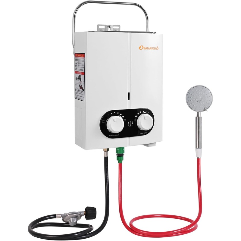 Portable Propane Water Heater Tankless, 1.45GPM 5.5L Instant Hot Water Heater, Outdoor Use for RV, Camper Van, Travel Trailer, Cabin, Pool, Barn, White | Bigbigmart.com