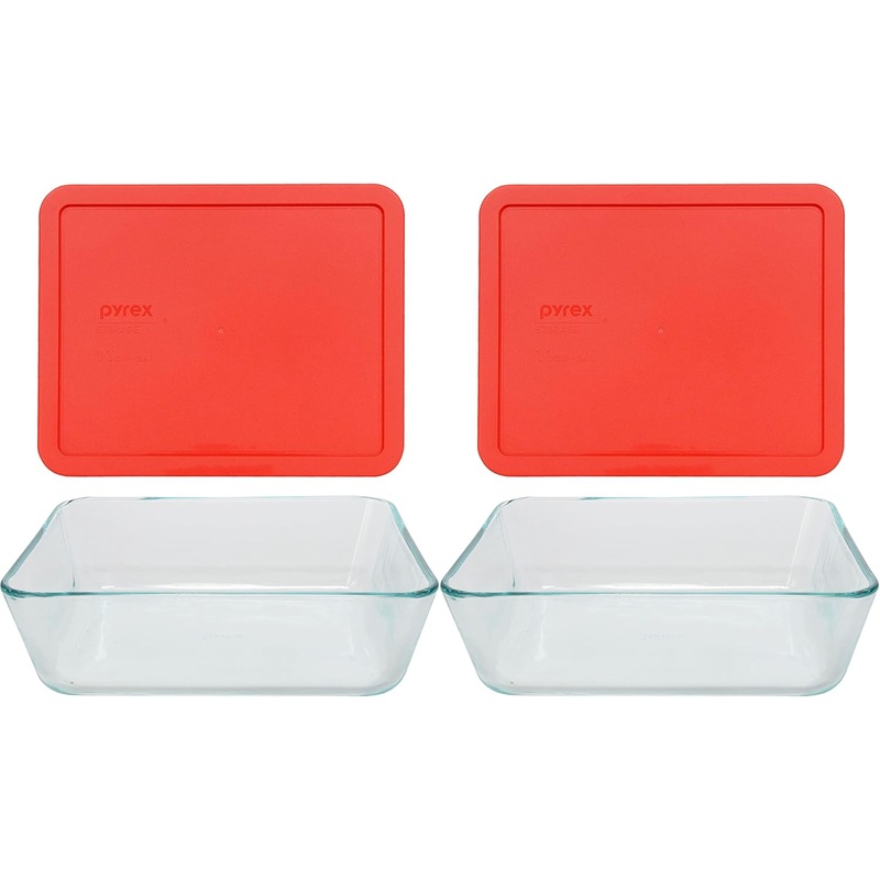 Pyrex 1075451 Stor+rect/Cvr Size Cu Pyrx Storage+Rectangle/Cover, 11 cup Containers (Pack of 2), Red | Bigbigmart.com