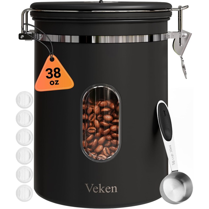 Veken 38oz Large Coffee Canister with Window, Airtight Stainless Steel, Kitchen Food Storage Container with Lids, Date Tracker and Scoop, Grounds Coffee Beans, Tea, Flour, Cereal, Sugar Jars, Black | Bigbigmart.com