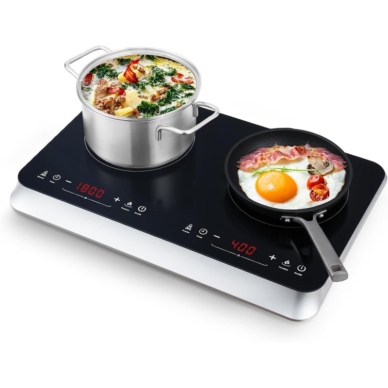 Double Induction Cooktop, 2 burner induction cooktop with Boost Function, 1800W, 240 Mins Timer, Portable Countertop Burner with 10 Temperature Settings & 9 Power Levels, Child Safety Lock | Bigbigmart.com