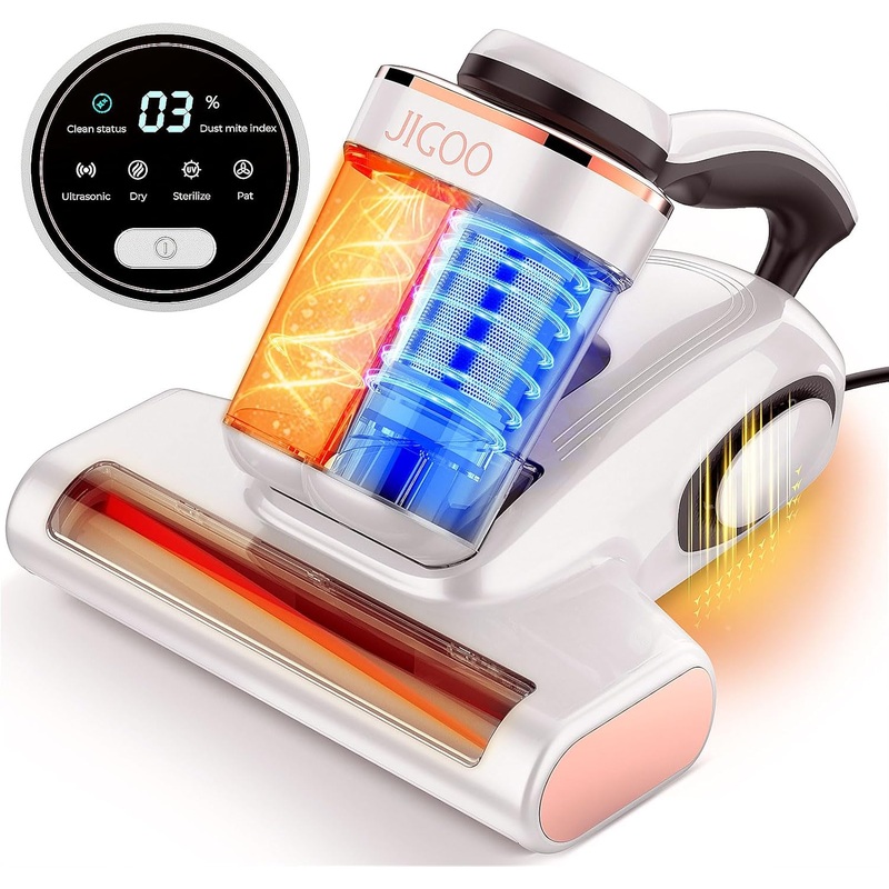 JIGOO Bed Vacuum Cleaner with Dust Sensor, Mattress Vacuum Cleaner with UV & Ultrasonic and High Heating, 13Kpa Suction 500W Powerful Double-Cup Handheld Vacuums (J300, Corded) | Bigbigmart.com