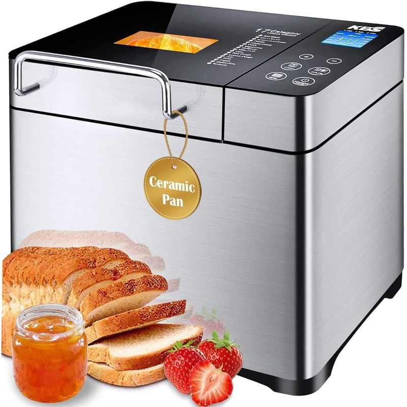 KBS Pro Stainless Steel Bread Machine, 2LB 17-in-1 Programmable XL Bread Maker with Fruit Nut Dispenser, Nonstick Ceramic Pan& Digital Touch Panel, 3 Loaf Sizes 3 Crust Colors, Reserve& Keep Warm Set | Bigbigmart.com
