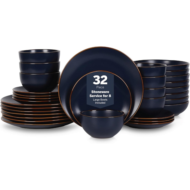 Stone Lain Brasa Modern Stoneware 32 Piece Dinnerware Sets, Plates and bowls Sets, Dish Set for 8, Blue | Bigbigmart.com