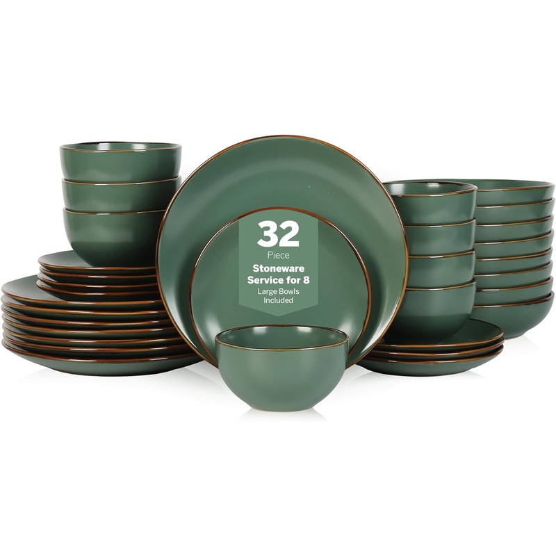 Stone Lain Brasa Modern Stoneware 32 Piece Dinnerware Sets, Plates and bowls Sets, Dish Set for 8, Green | Bigbigmart.com