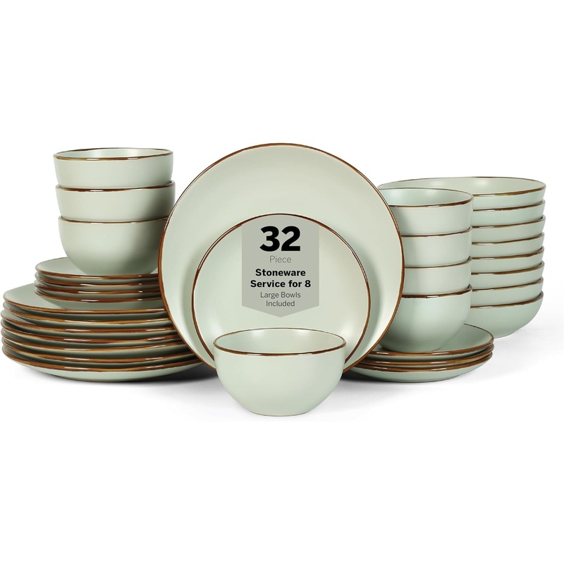 Stone Lain Brasa Modern Stoneware 32 Piece Dinnerware Sets, Plates and bowls Sets, Dish Set for 8, Light Green | Bigbigmart.com
