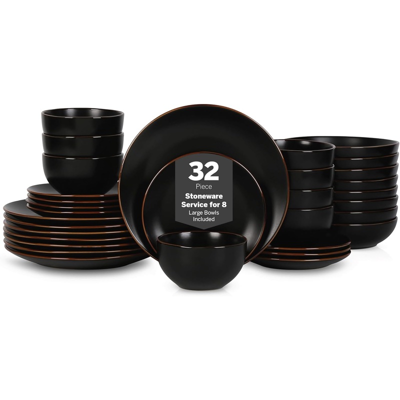 Stone Lain Brasa Stoneware 32 Piece Dinnerware, Plates and Bowls Sets for 8, Black, Glossy Rustic-Chic Design, Microwave & Dishwasher Safe | Bigbigmart.com