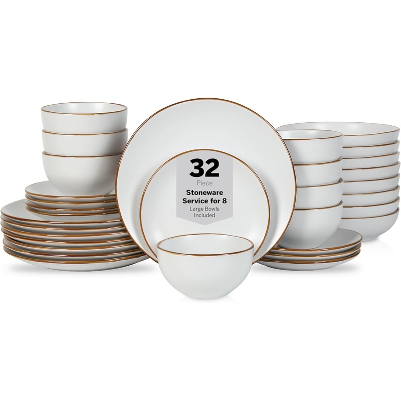 Stone Lain Brasa Stoneware 32 Piece Dinnerware, Plates and Bowls Sets for 8, White, Glossy Rustic-Chic Design, Microwave & Dishwasher Safe | Bigbigmart.com