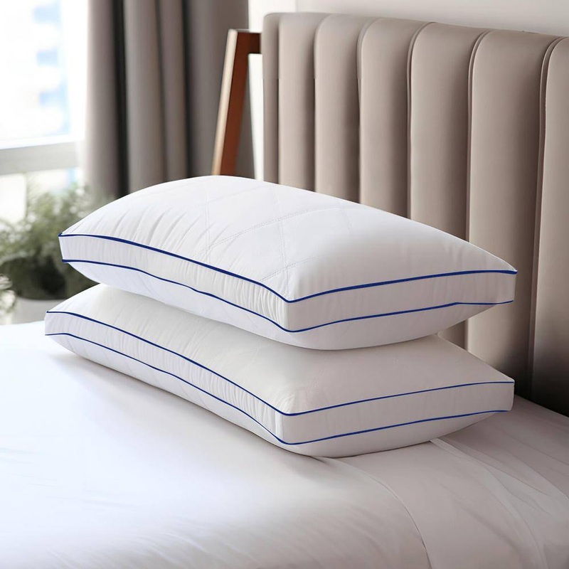 Bafode HD-BA-DP81052-K Goose Down Feather King Size Pillow, Cotton Fabric, Gusseted Pillow Inserts, Blue Edge Piping White Pillow | Bigbigmart.com