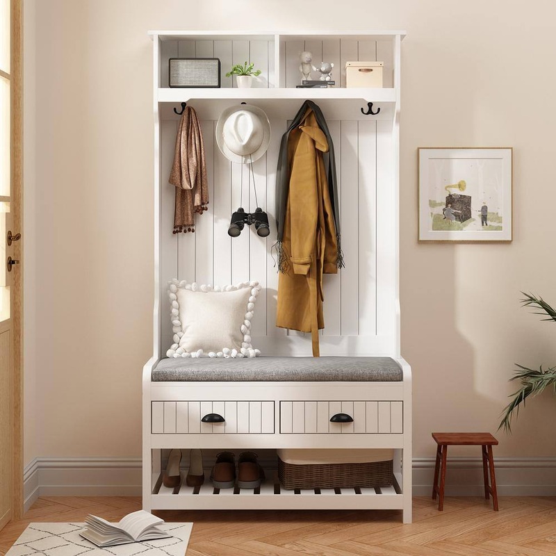 FUFU&GAGA 68.5 in. White Wood 3-in-1 Coat Rack with 4-Metal Hooks and 2-Drawers, Storage Bench | Bigbigmart.com