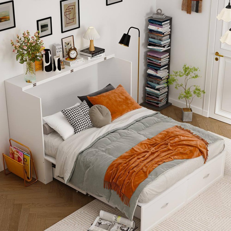 FUFU&GAGA KF020349 White Wooden 55.1 in. W Chest of Drawers, Can Convertible to Full Size Bed with USB Charging Station and Wheels | Bigbigmart.com