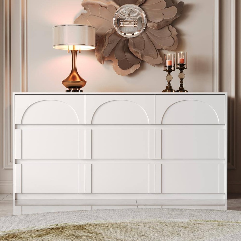 FUFU&GAGA KF210276-01 9-Drawer White Wood Dresser Chest of Drawer Modern Style 31.5 in. H x 63 in. W x 13.7 in. D | Bigbigmart.com
