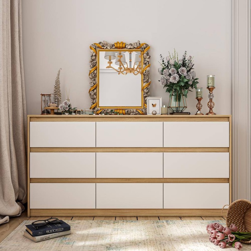 FUFU&GAGA KF250020-02 9-Drawer Natural Brown Wood Dresser Modern Style 31.5 in. H x 63 in. W x 15.7 in. D | Bigbigmart.com