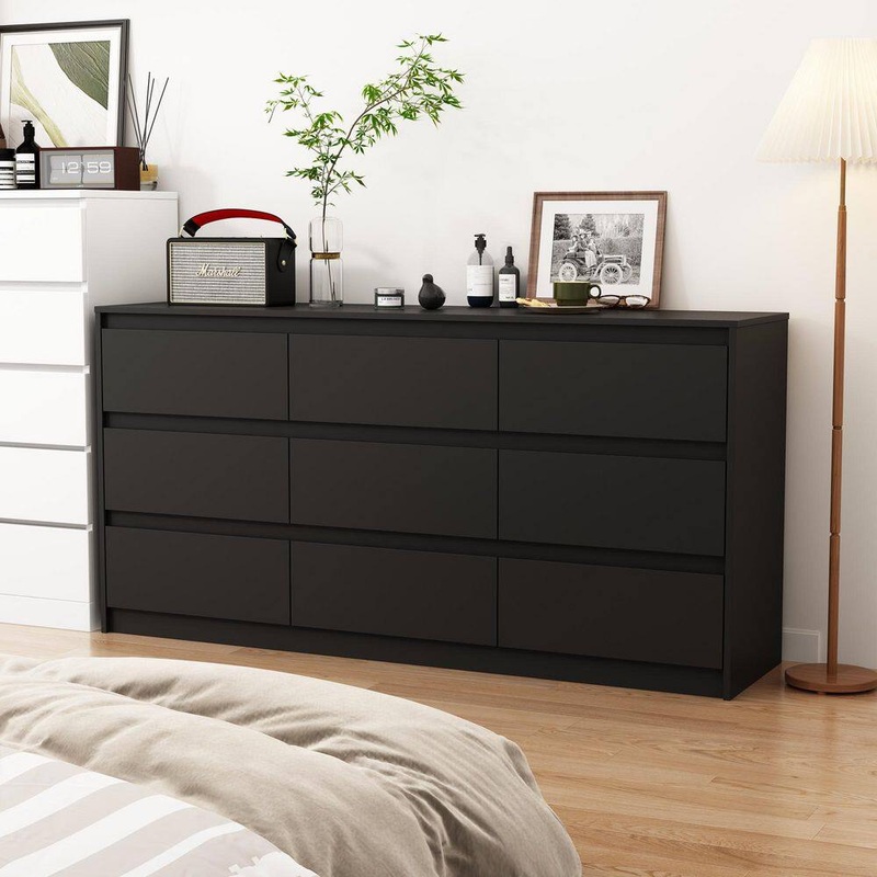 FUFU&GAGA KF250020-03 9-Drawer Black Wood Dresser Modern Style 31.5 in. H x 63 in. W x 15.7 in. D | Bigbigmart.com