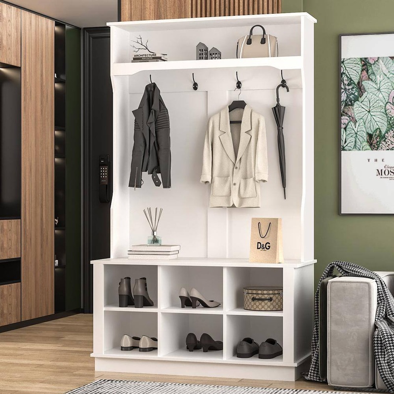 FUFU&GAGA White Painted Coat Rack with Bench and Storage Cubbies | Bigbigmart.com