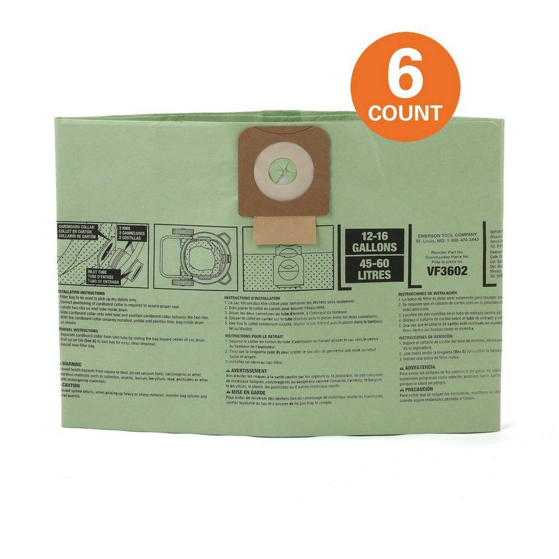 RIDGID VF3602A Wet Dry Vac Premium Cyclonic Dry Pick-up Only Dust Bags for Select 12-16 Gallon RIDGID Shop Vacuums, Size A (6-Pack) | Bigbigmart.com