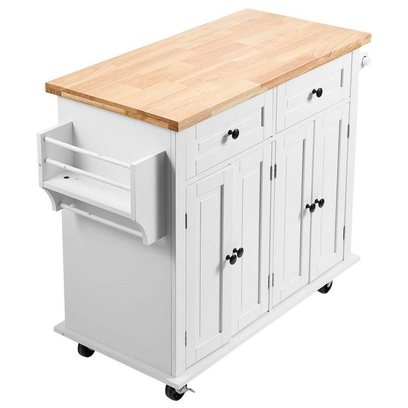 SKYSHALO Kitchen Island Cart with Solid Natural Wood Top, 35.4 in. W Mobile Carts with Storage Cabinet, Rolling, White | Bigbigmart.com