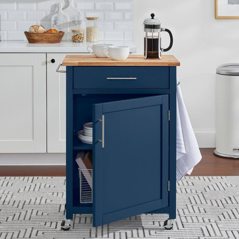 StyleWell SK17787Cr2-BBM Glenville Small Midnight Blue Rolling Kitchen Cart with Butcher Block Top and Single-Drawer Storage (24 W ) | Bigbigmart.com