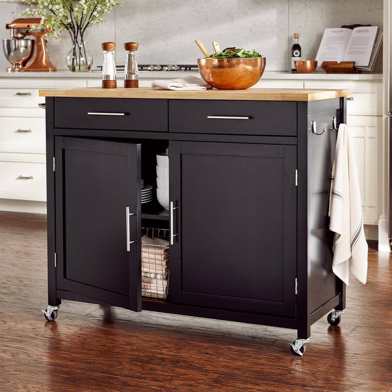 StyleWell SK17787Cr2-EBB Glenville Black Rolling Kitchen Cart with Butcher Block Top and Double-Drawer Storage (42 in. W) | Bigbigmart.com
