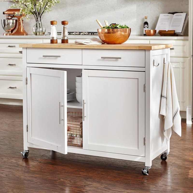 StyleWell SK17787Cr2-EBW Glenville Cream White Rolling Kitchen Cart with Butcher Block Top and Double-Drawer Storage (42 W) | Bigbigmart.com